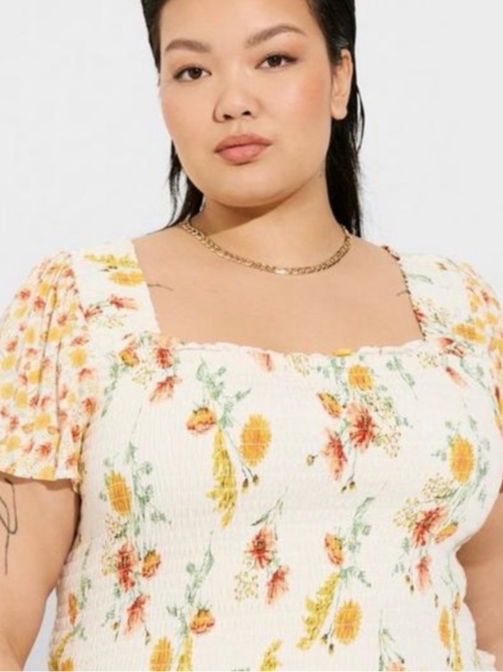torrid Cream Floral Smocked Square-Neck Top